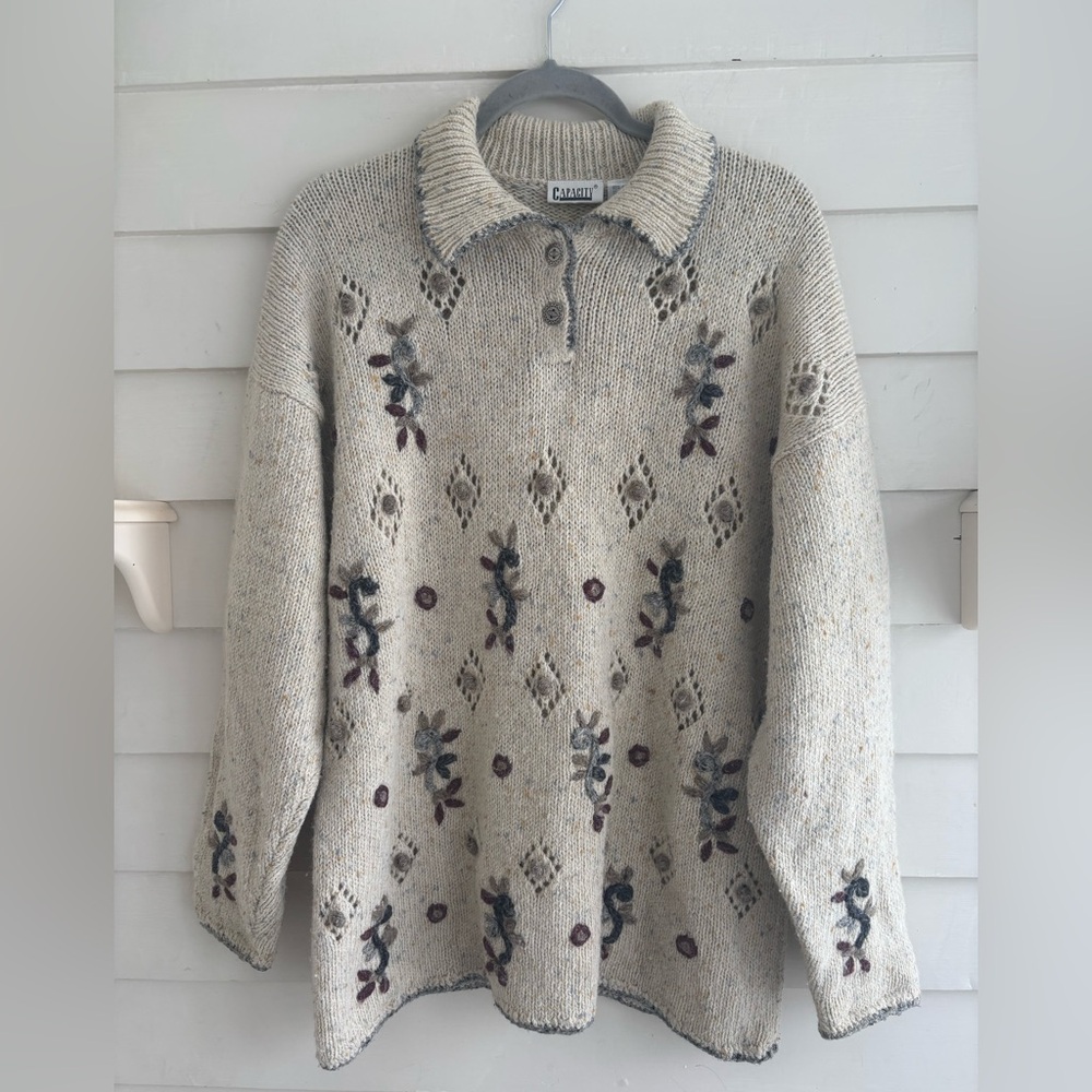 Vintage Floral Leaf Embroidered Patterned Collared Sweater Women’s Size Large